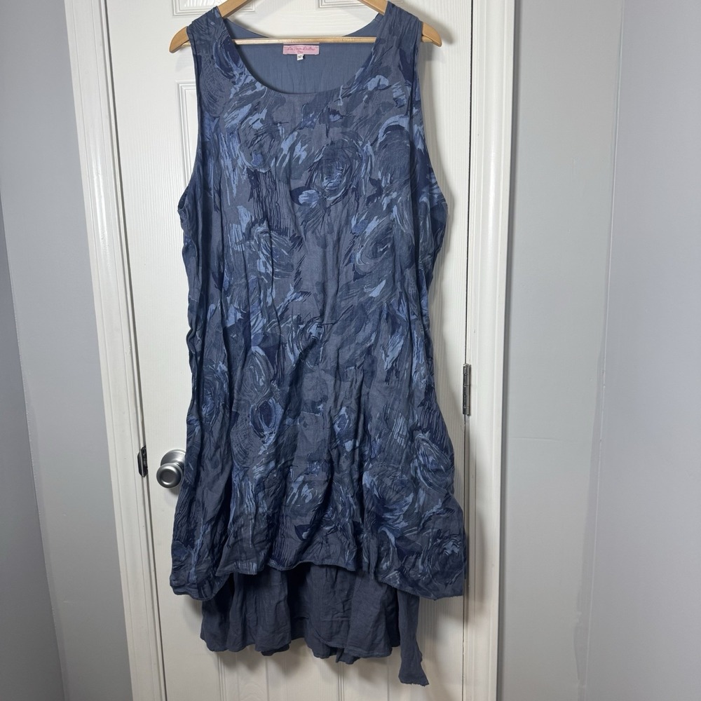Lin Pour L'autre Paris Linen Dress Eu 52 20/22 2x Xxl Blue Floral Lagenlook Boho